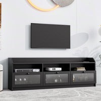 ON-TREND Sleek & Modern Design TV Stand with Acrylic Board Door, Chic Elegant Media Console for TVs Up to 65", Ample Storage Space TV Cabinet with Black Handles, Black