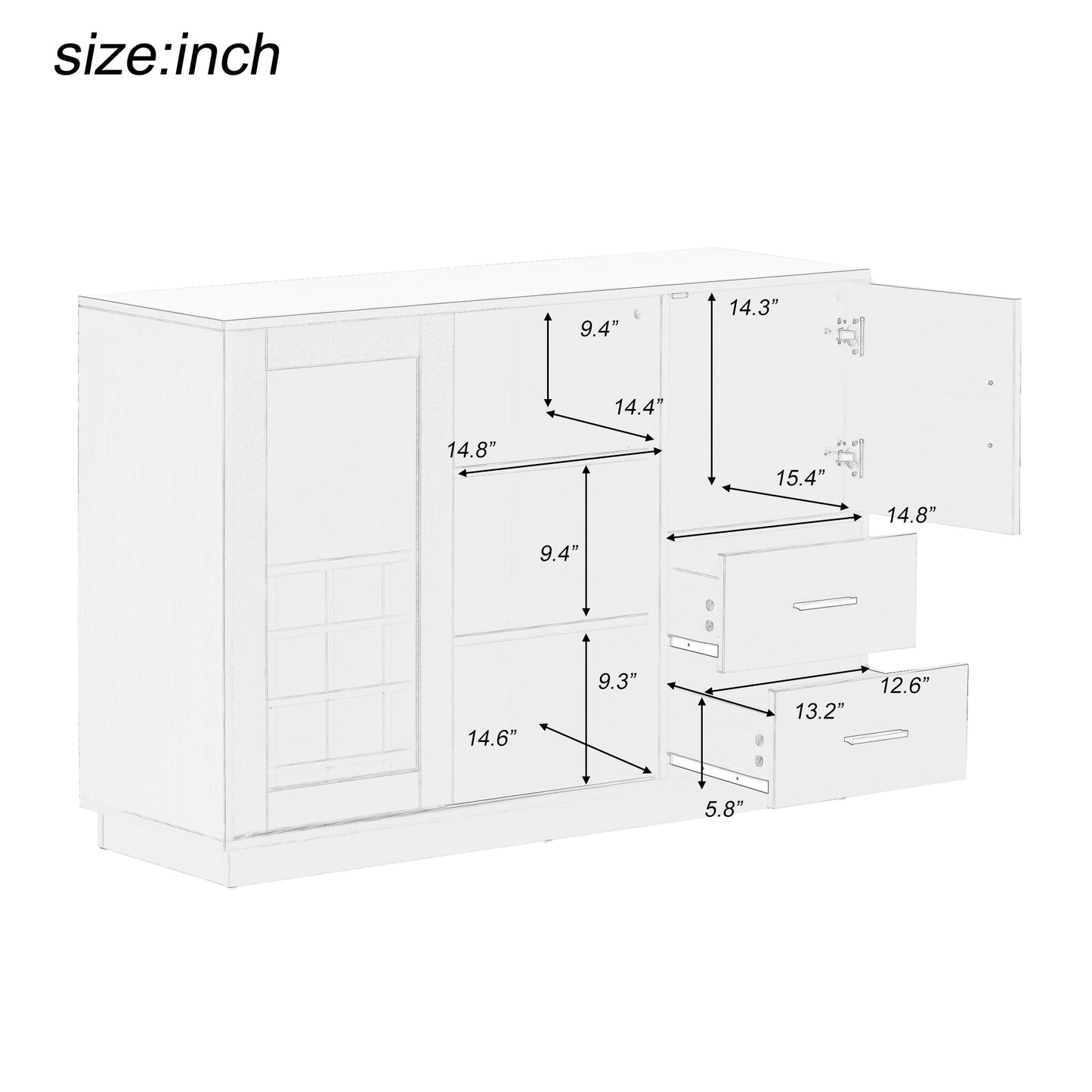 Kitchen Functional Sideboard with Glass Sliding Door and Integrated 16 Bar Wine Compartment, Wineglass Holders (White)