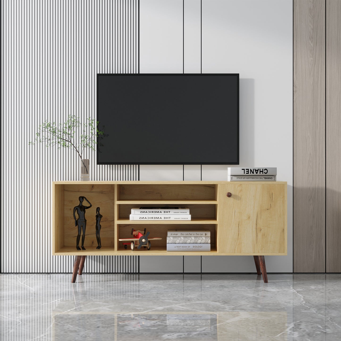 Mid-Century TV Stand for TVs up to 60 Inches, Entertainment Center with Open Storage Shelves & Cabinet, Modern TV Console for Living Room, Rustic Oak.