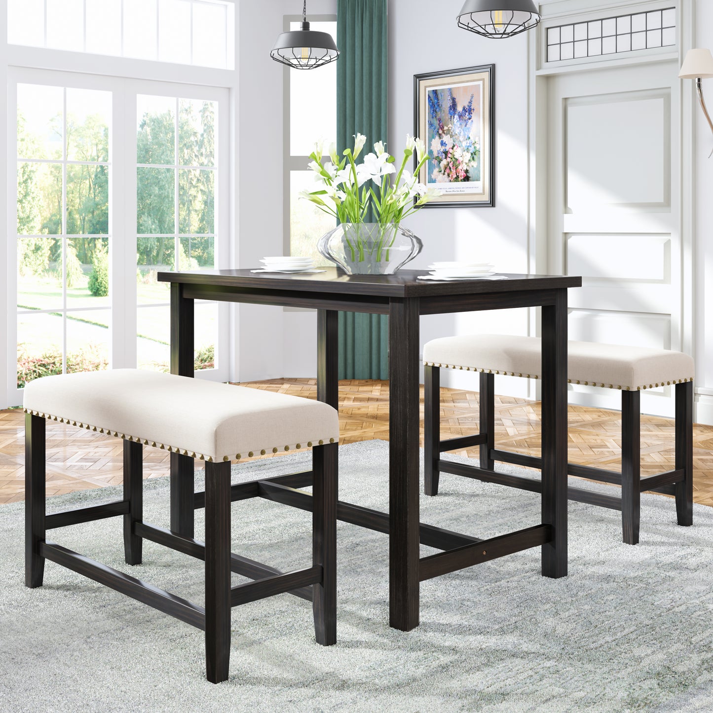 3 Pieces Rustic Wooden Counter Height Dining Table Set with 2 Upholstered Benches for Small Places, Espresso+ Beige