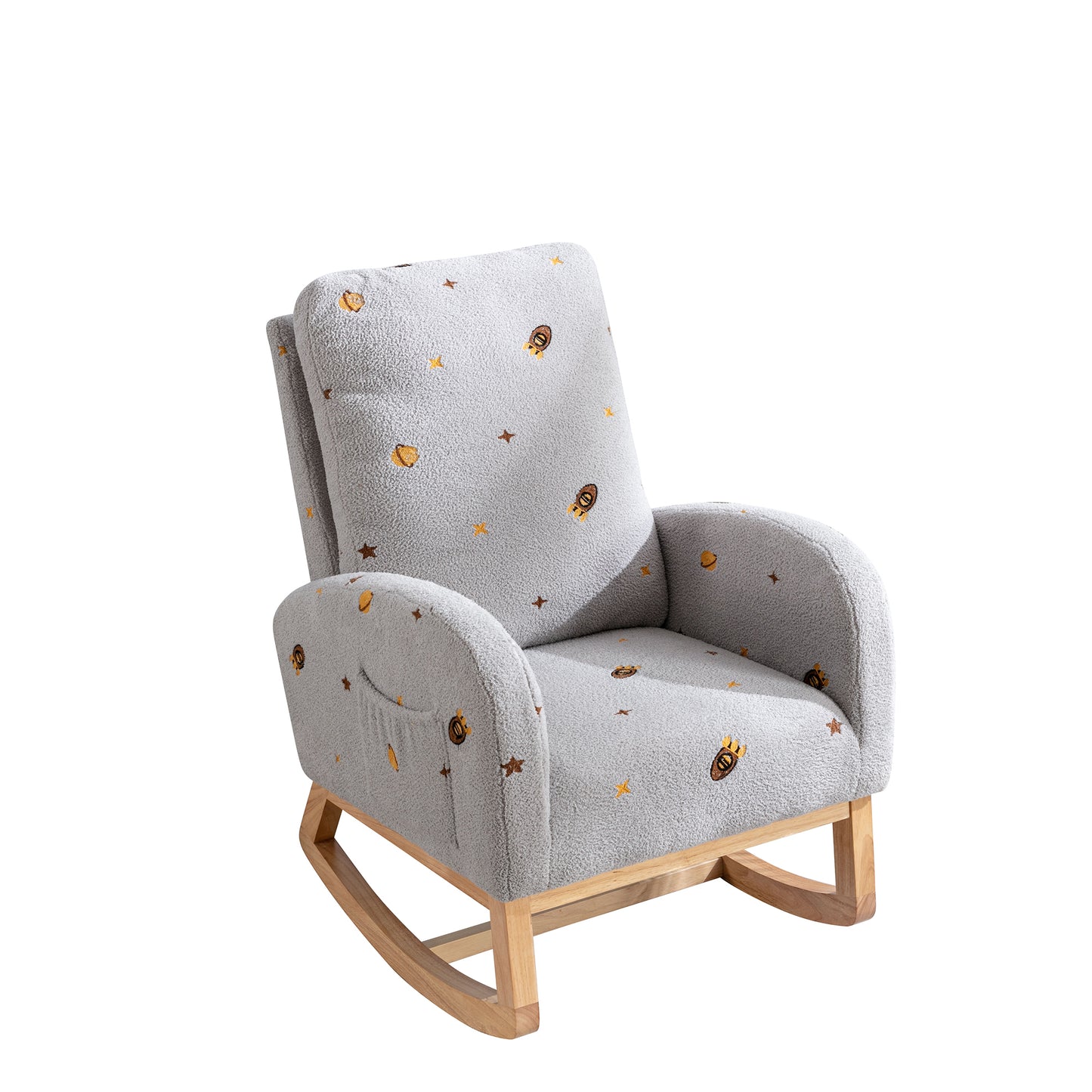 26.8"W Modern Rocking Chair for Nursery, Mid Century Accent Rocker Armchair With Side Pocket, Upholstered High Back Wooden Rocking Chair for Living Room Baby Kids Room Bedroom, Light Gray Boucle