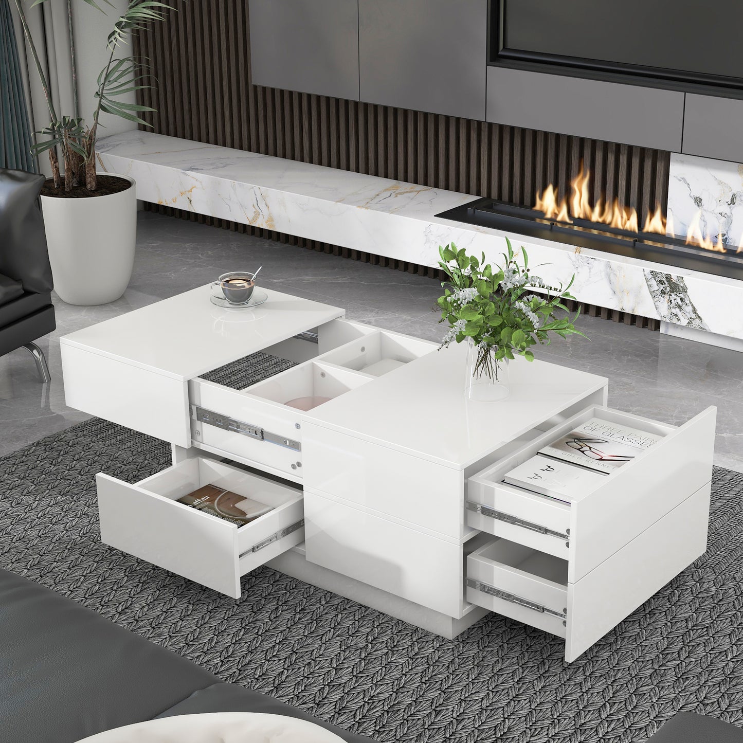 ON-TREND Extendable Coffee Table with 4 Drawers, Rectangle Cocktail Table with Hidden Storage Compartment, UV High-gloss Center Table with Sliding Top for Living Room, 35.4"x 23.6", White