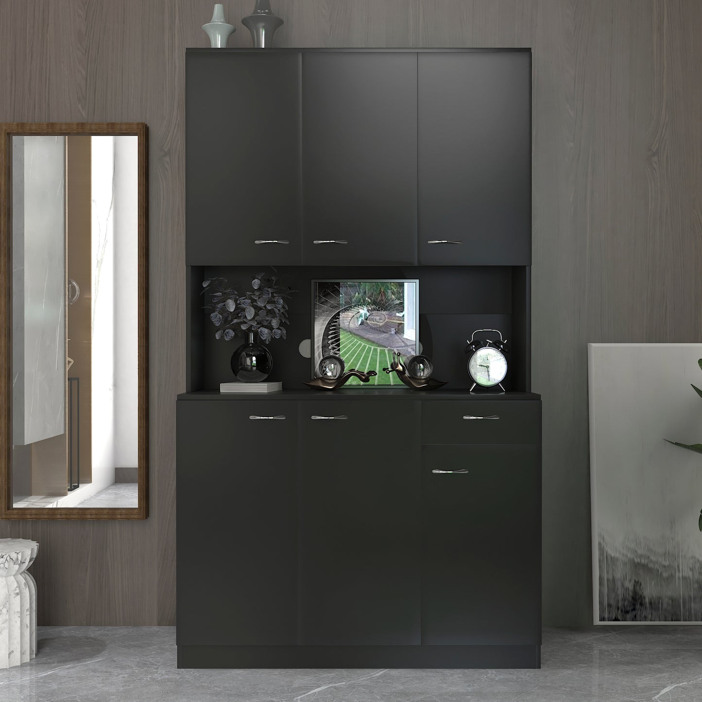 70.87" Tall Wardrobe & Kitchen Cabinet, with 6-Doors, 1-Open Shelves and 1-Drawer for Bedroom, Black