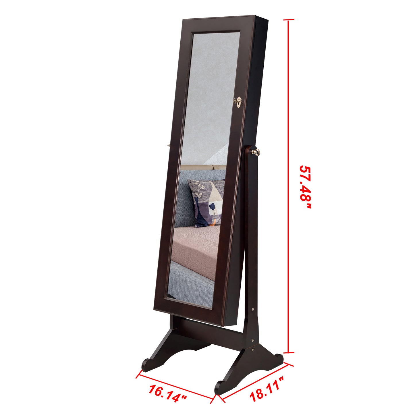 European-Style Retro with Full-Length Mirror Wooden Vertical Jewelry Cabinet with LED Lights