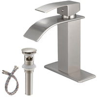 Waterfall Single Hole Single-Handle Low-Arc Bathroom Faucet With Pop-up Drain Assembly in Brushed Nickel