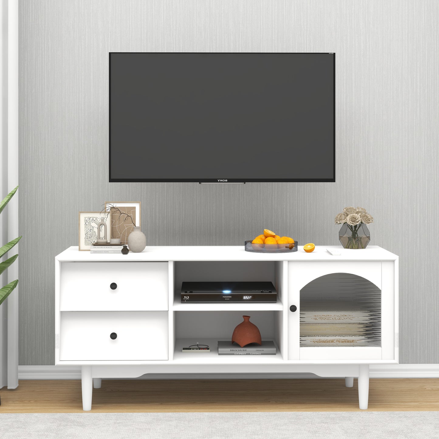 Living Room White TV Stand with Drawers and Open Shelves, A Cabinet with Glass Doors for Storage