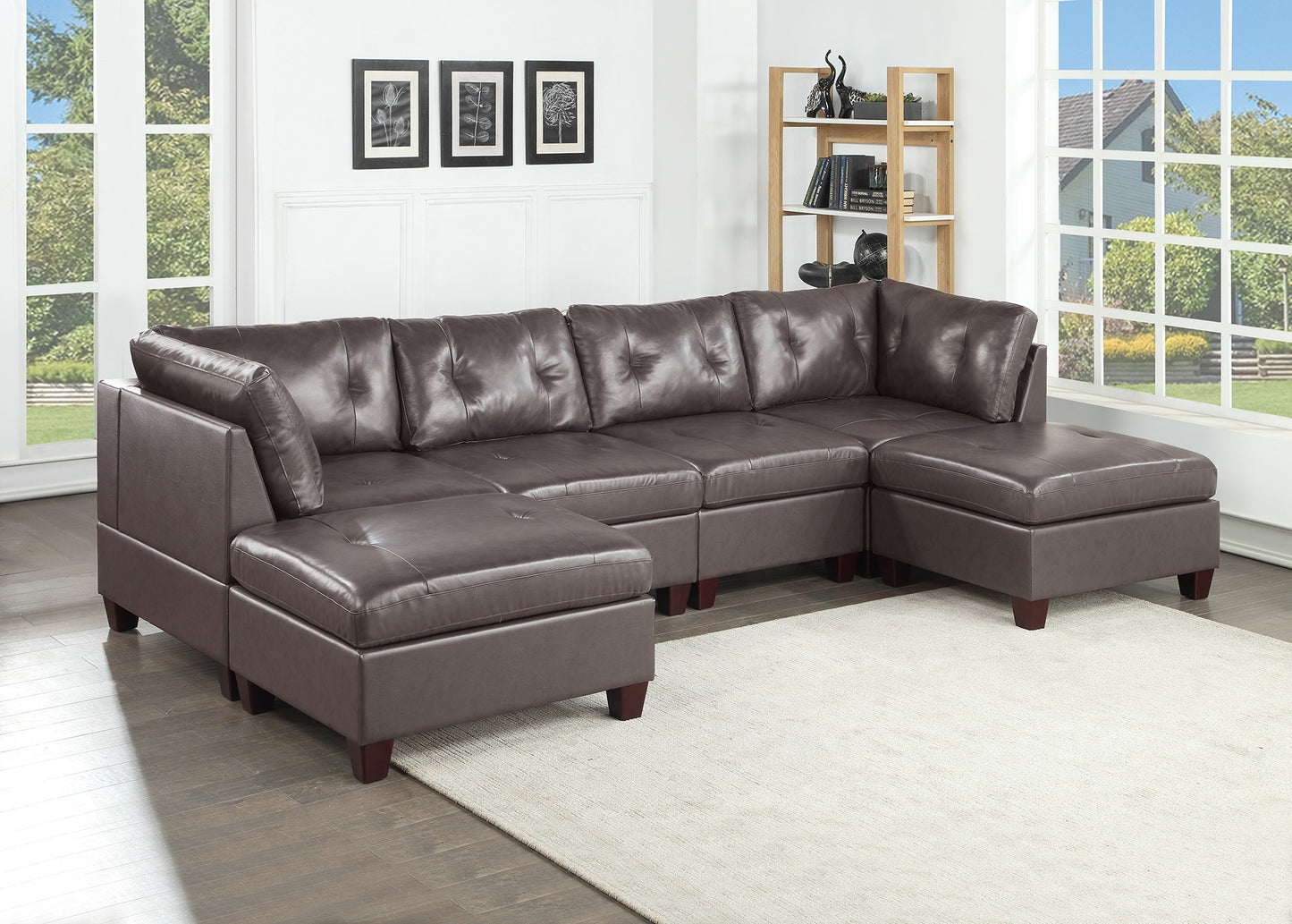 Genuine Leather Dark Coffee Tufted 6pc Sectional Set 2x Corner Wedge 2x Armless Chair 2x Ottomans Living Room Furniture Sofa Couch