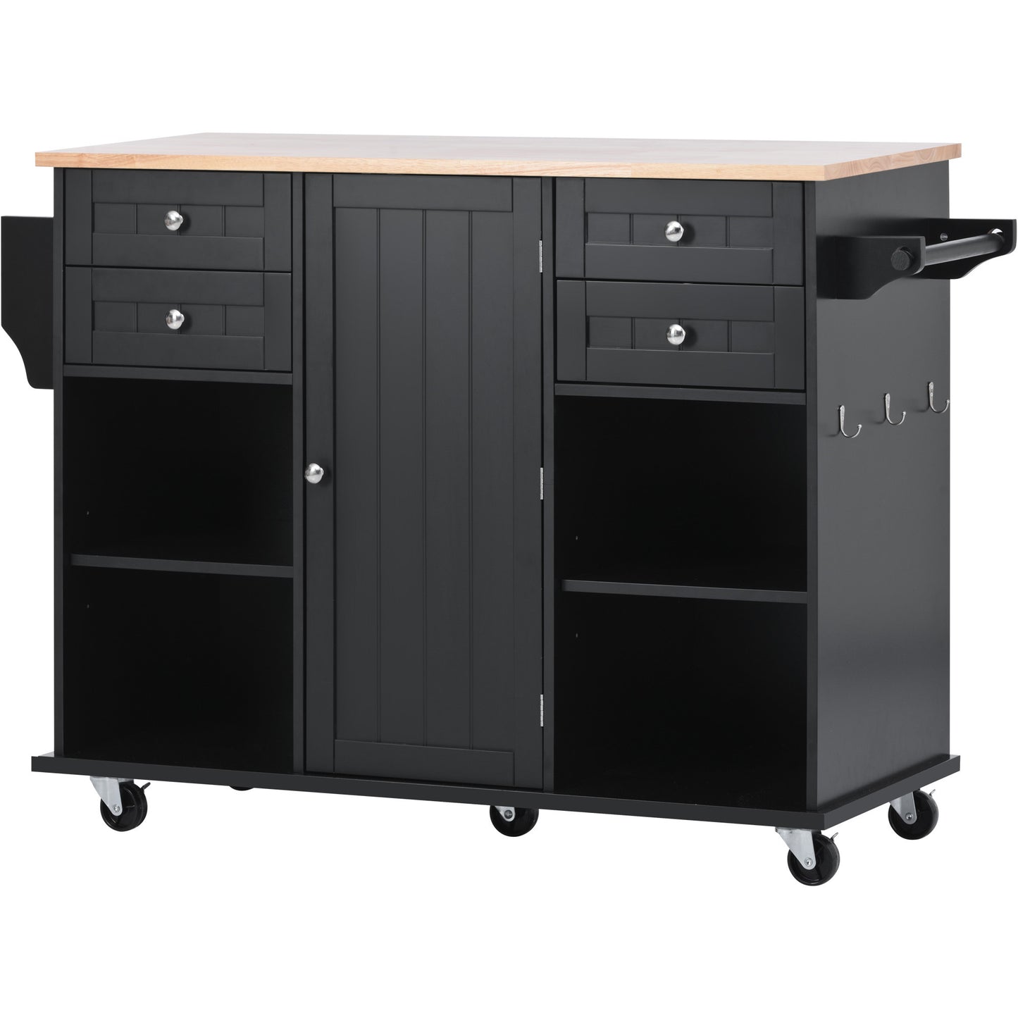 K&K kitchen island cart with Spice Rack, Towel Rack & Drawer, Rubber Wood Desktop, 5 Wheels Including 4 Lockable Wheels, 52.8inch Width (Black)