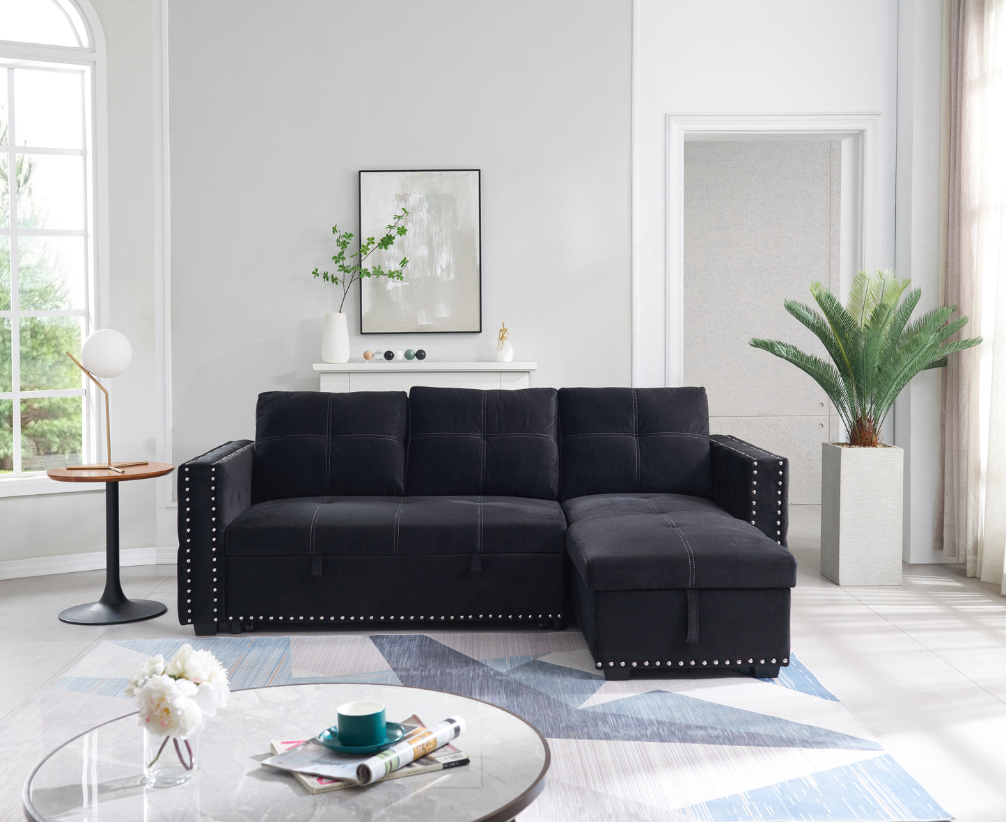 Sectional Sofa with Pulled Out Bed,  2 Seats Sofa and Reversible Chaise with Storage, Both Hands with Copper Nail, Black, (91" x 64" x 37")