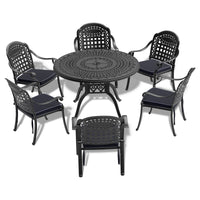 7-Piece Set Of Cast Aluminum Patio Furniture  With Black Frame and  Seat Cushions In Random Colors