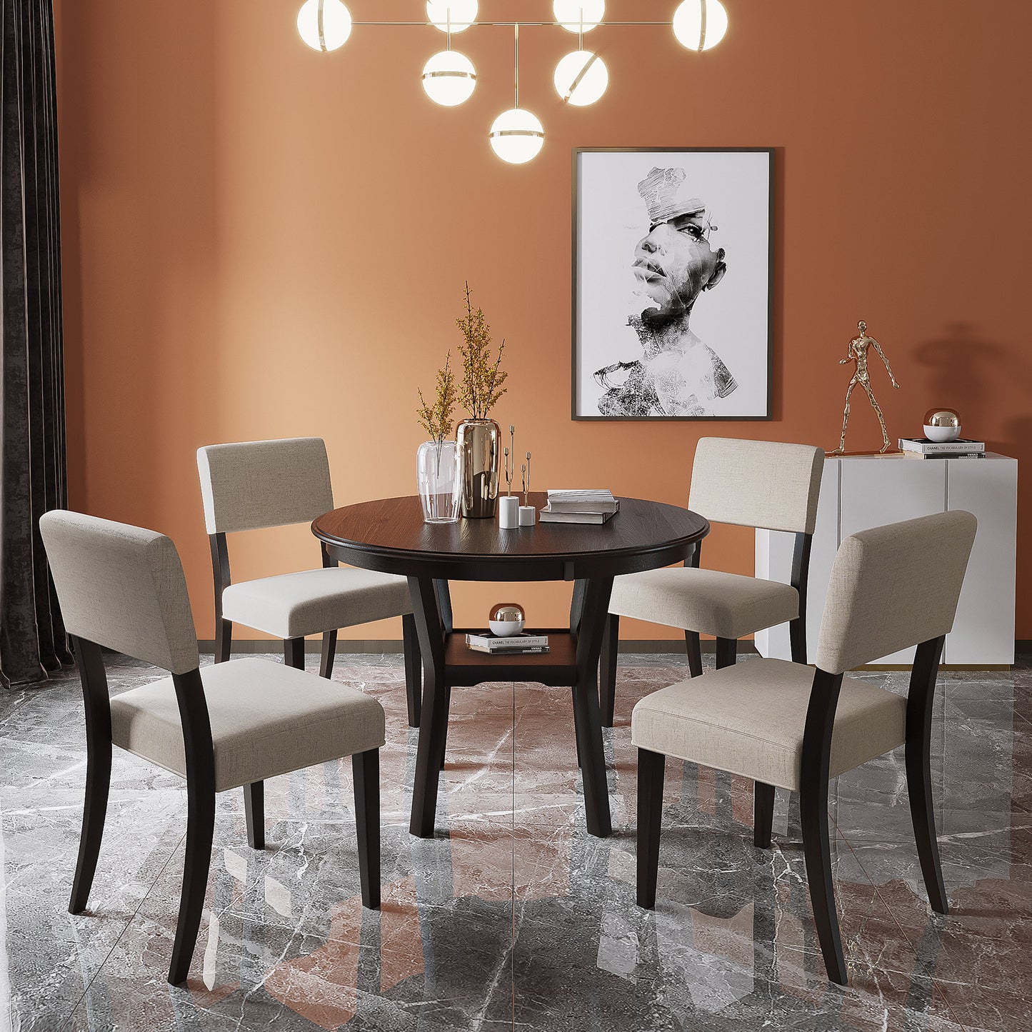 5-Piece Kitchen Dining Table Set Round Table with Bottom Shelf, 4 Upholstered Chairs for Dining Room (Espresso）