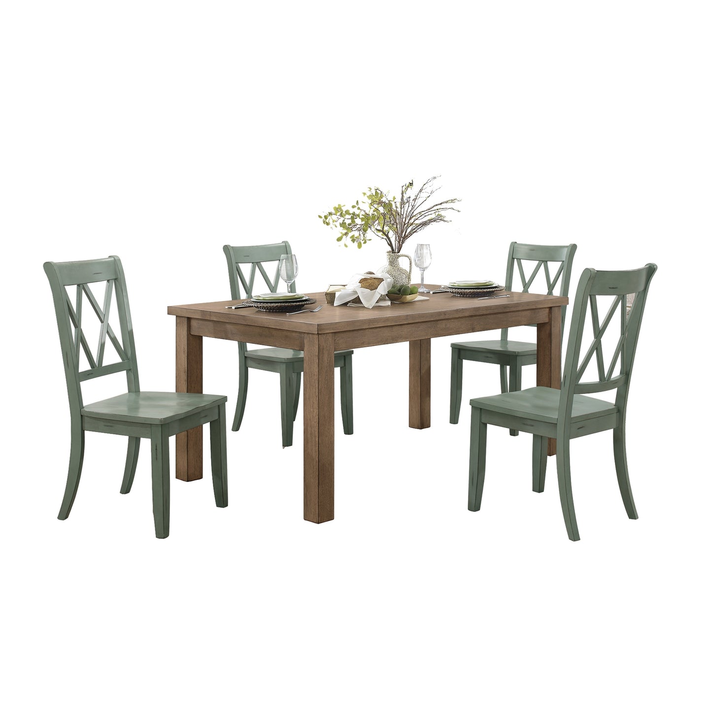 Casual Teal Finish Chairs Set of 2 Pine Veneer Transitional Double-X Back Design Dining Room Chairs