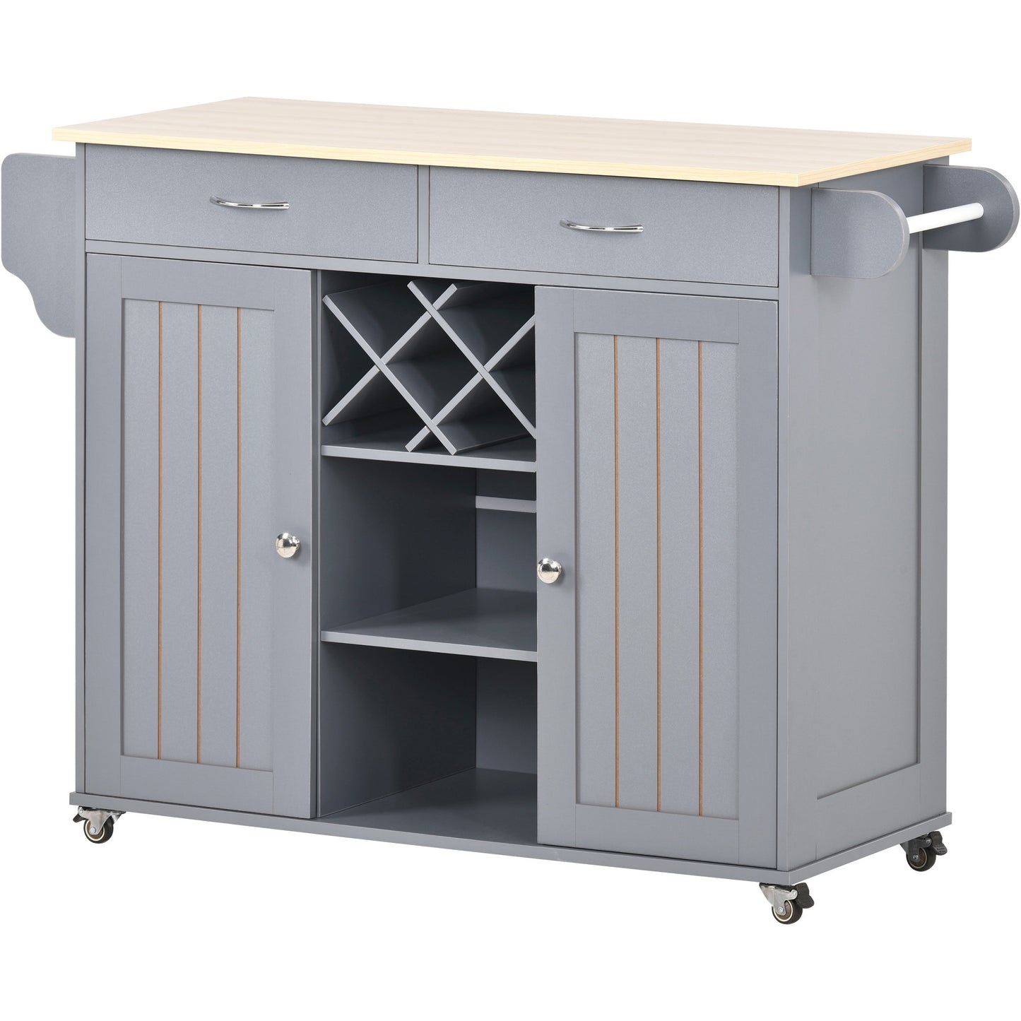 K&K Store Kitchen Island Cart with Two Storage Cabinets and Four Locking Wheels, Wine Rack, Two Drawers, Spice Rack, Towel Rack (Grey Blue)