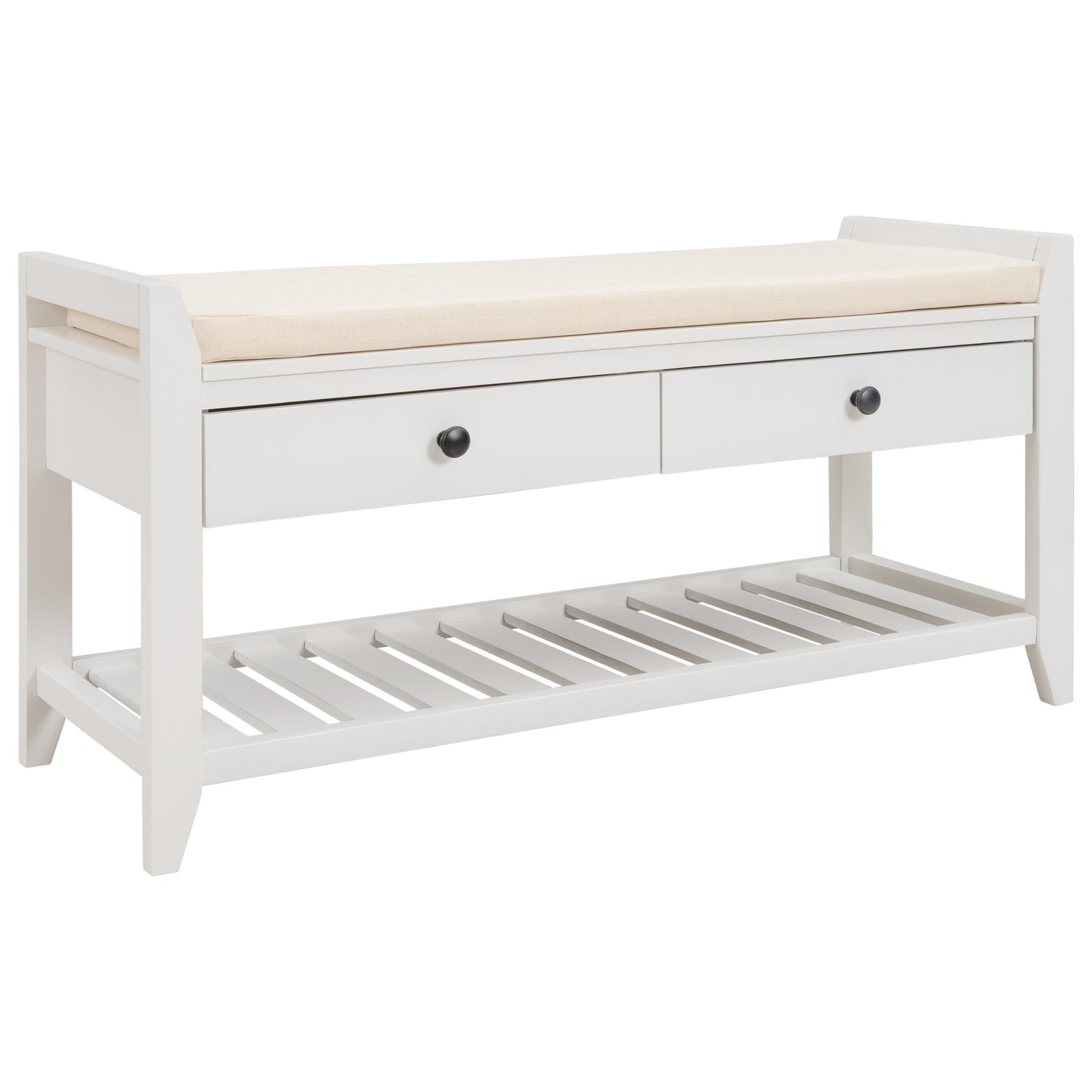 Shoe Rack with Cushioned Seat and Drawers, Multipurpose Entryway Storage Bench (White)