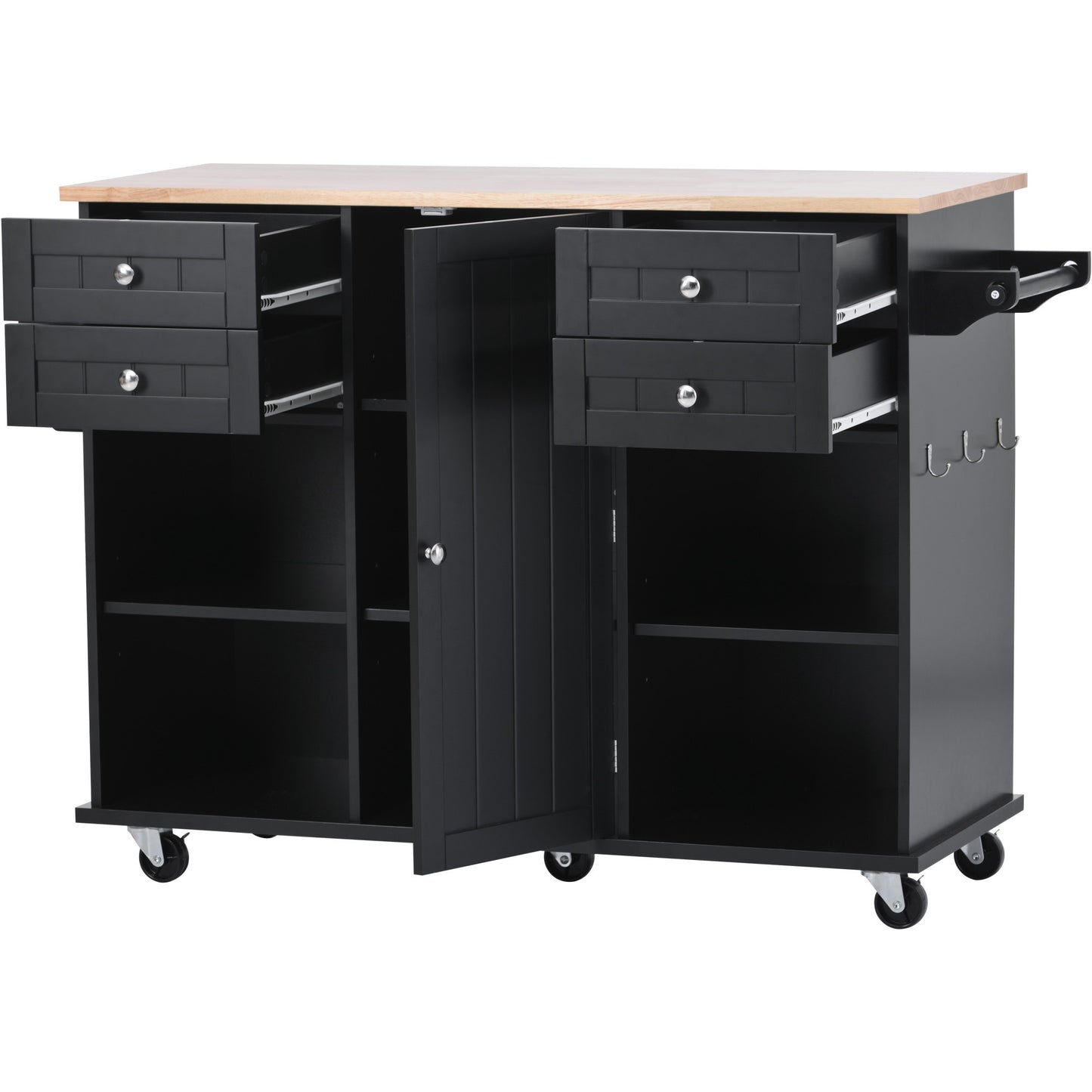 K&K kitchen island cart with Spice Rack, Towel Rack & Drawer, Rubber Wood Desktop, 5 Wheels Including 4 Lockable Wheels, 52.8inch Width (Black)