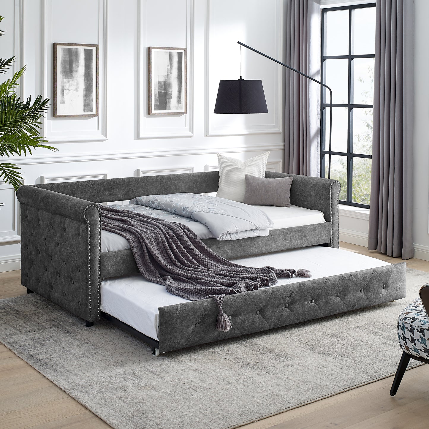 Daybed with Trundle Upholstered Tufted Sofa Bed with Button and Copper Nail on Arms, Twin Size, Grey (85.5“x42”x30.5“)