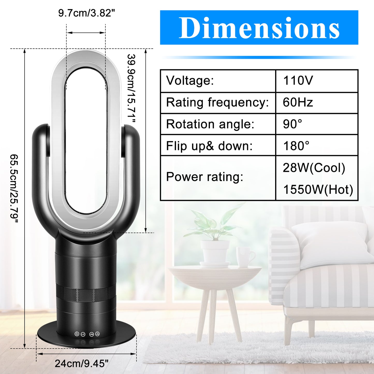 26-inch Space Heater Bladeless Tower Fan, Heater & Cooling Combo, with Remote Control, for Home Air Conditioner, Black