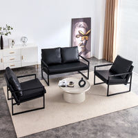 Sofa set. PU leather armchair metal frame cushion armchair, cushion backrest, living room sofa 1 double sofa+2 single sofa (black PU leather+metal frame+foam) SF-008 SF-D008