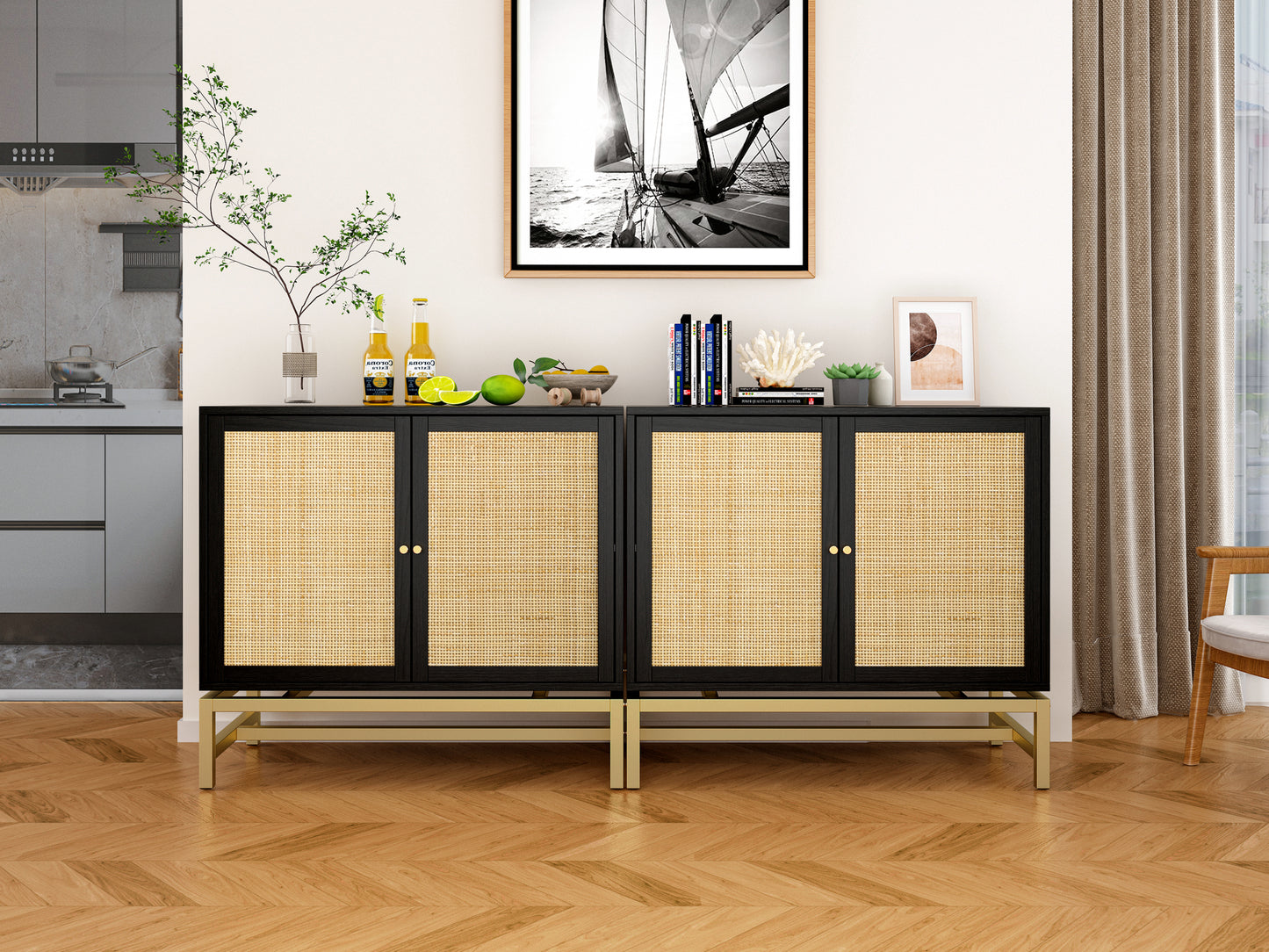 Set of 2, 2 Door Cabinet, Natural Rattan 2 Door high cabinet, Built-in adjustable shelf, Easy Assembly, Free Standing Cabinet for Living Room Bedroom, Hallway