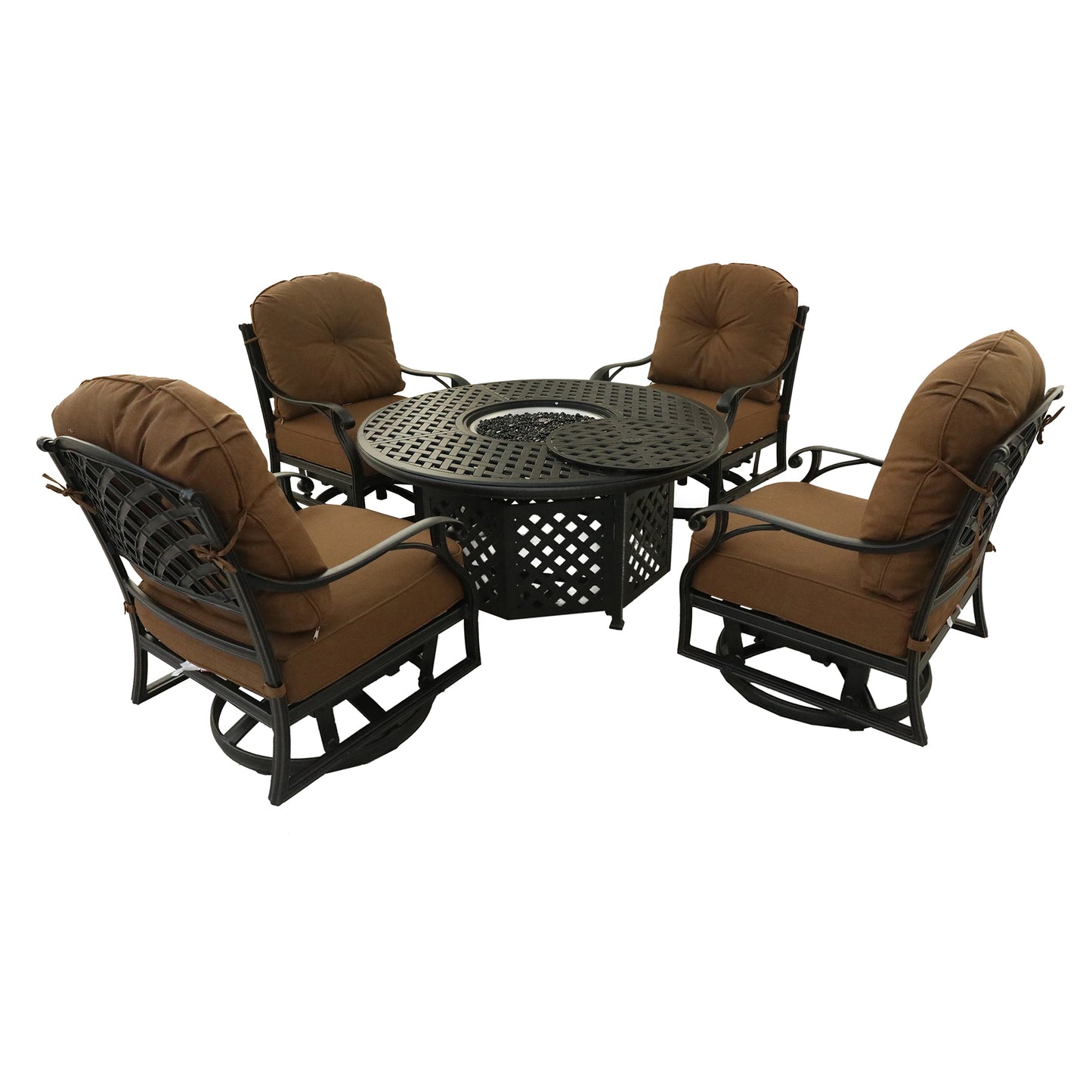 5 Piece Aluminum Chat high Fire Pit Set, 4 Club Motion Chairs with Round Firepit Table, Brown