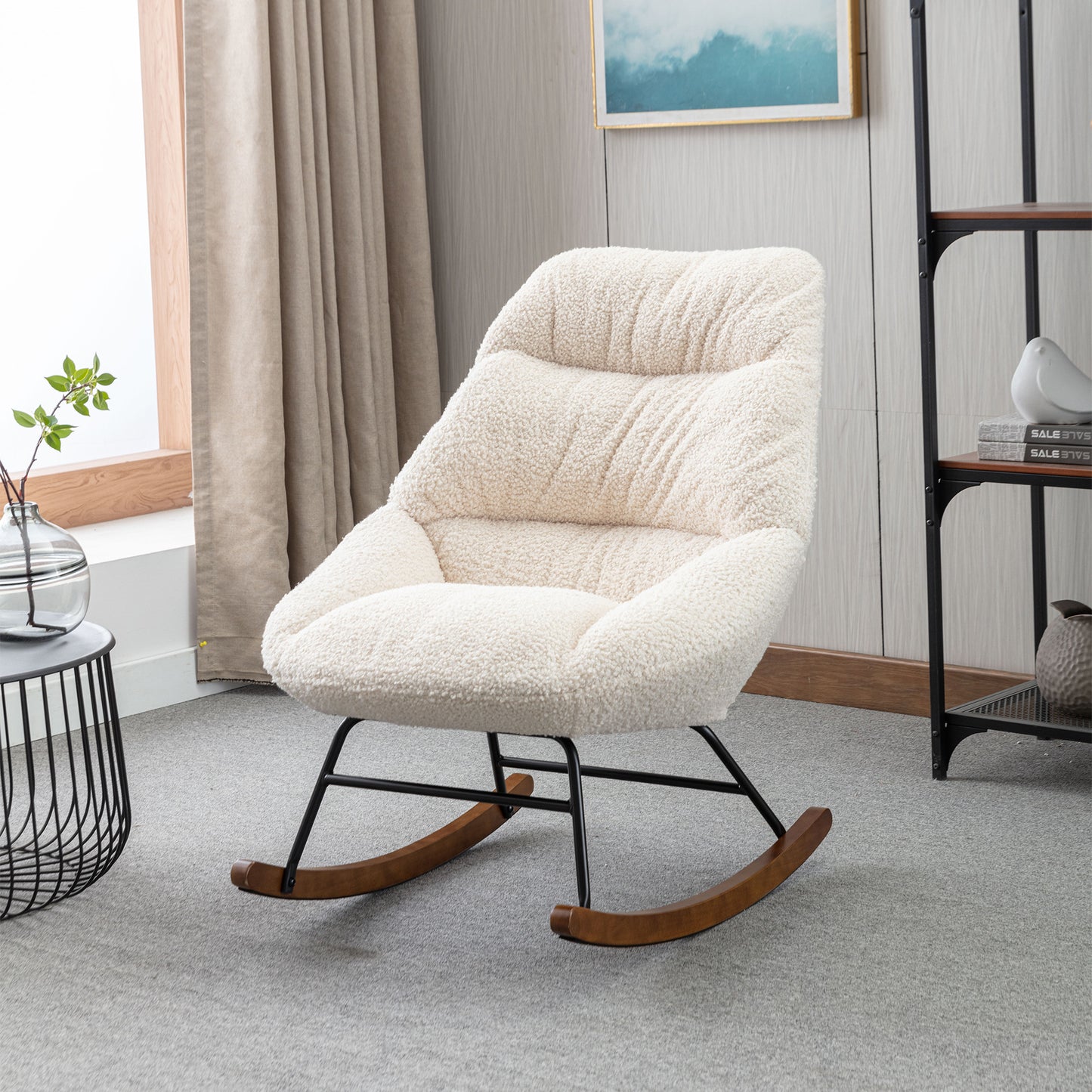 Tufted Upholstered Padded Seat Rocking Chair-Boucle Beige