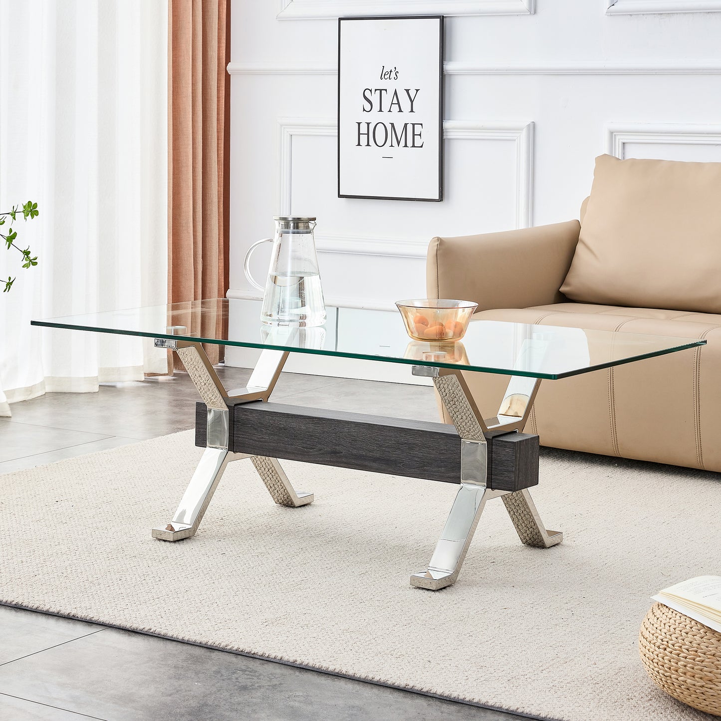 Tea table.Dining Table.Contemporary Tempered Glass Coffee Table with Plating Metal Legs and MDF Crossbar, For Home and Office.