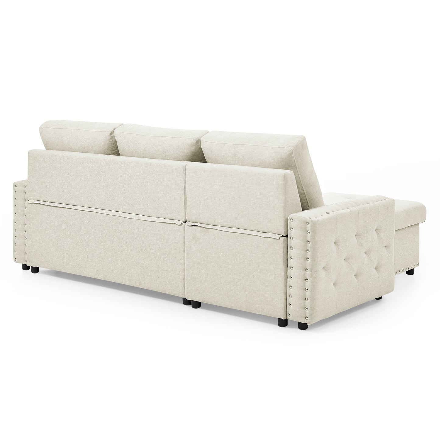 Sectional Sofa with Pulled Out Bed, 2 Seats Sofa and Reversible Chaise with Storage, Both Hands with Copper Nail, Beige, (85" x 56.5" x 35")