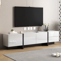 ON-TREND White & Black Contemporary Rectangle Design TV Stand, Unique Style TV Console Table for TVs Up to 80'', Modern TV Cabinet with High Gloss UV Surface for Living Room.