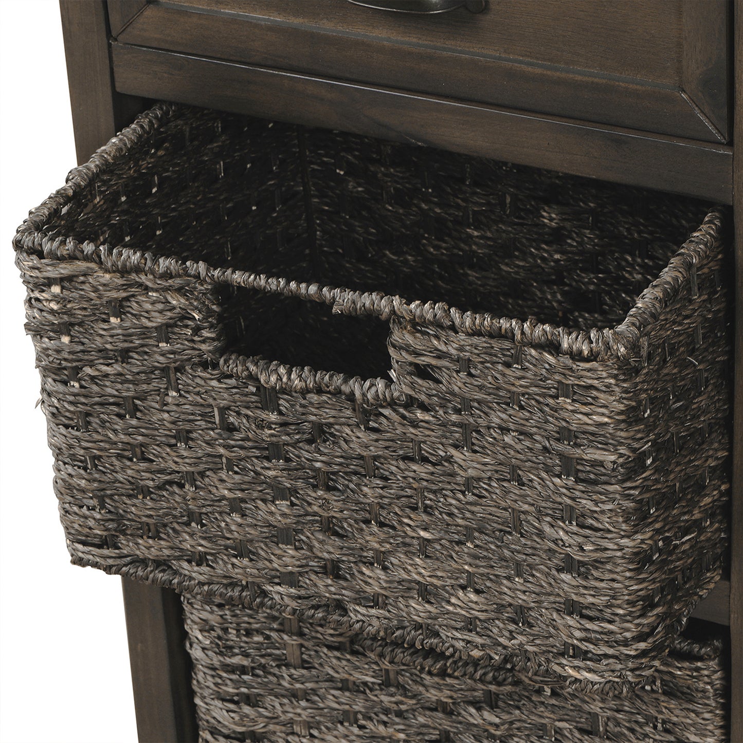 Rustic Storage Cabinet with Two Drawers and Four Classic Rattan Basket for Dining Room/Living Room (Brown Gray)