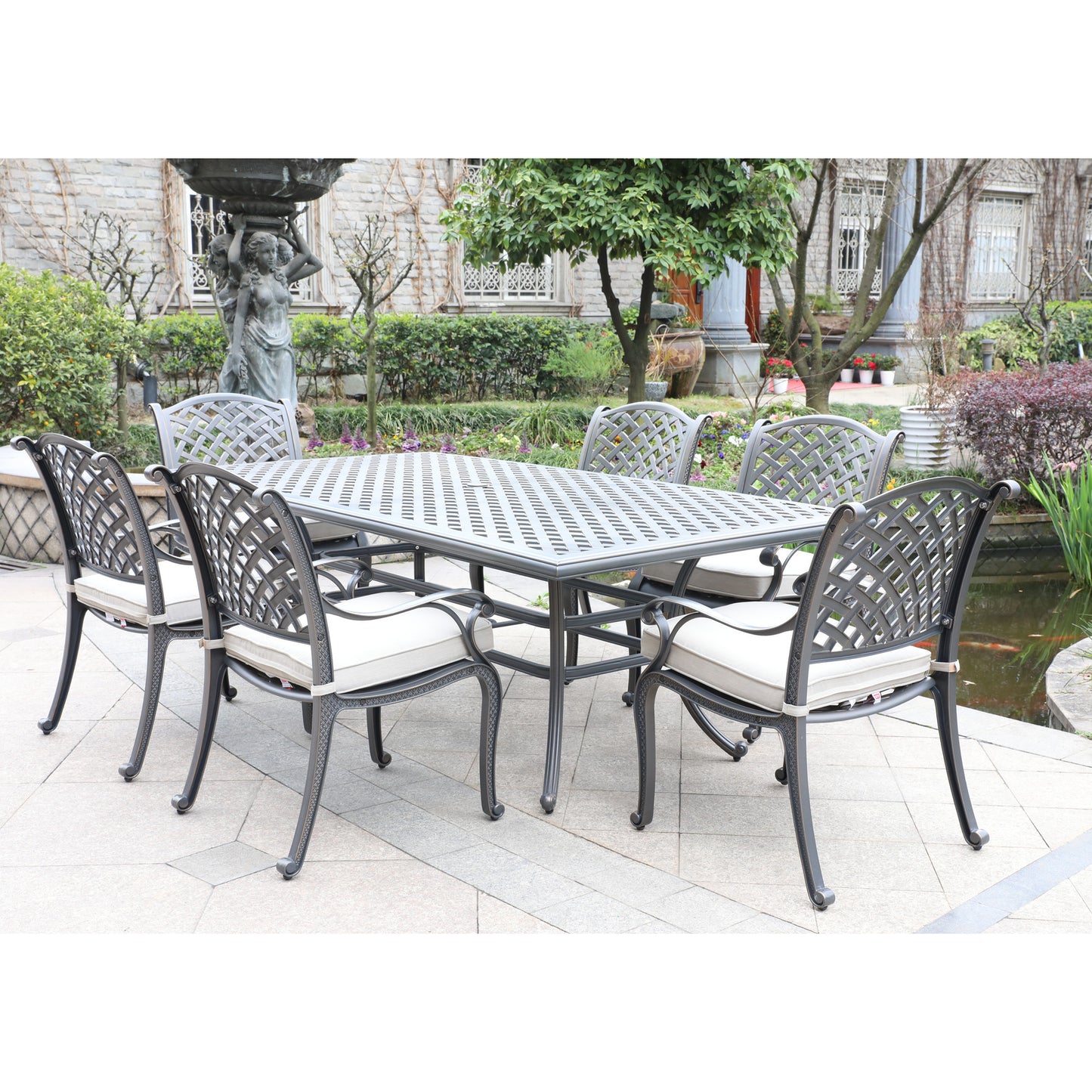 Cast Aluminum 7-Piece Rectangular Dining Set with 6 Arm chairs, Sand dollar cushion