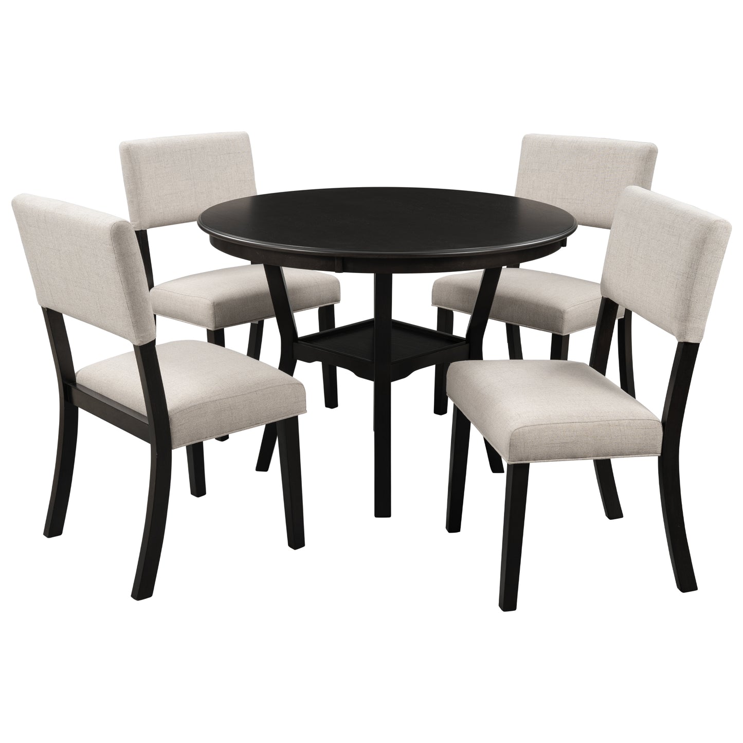 5-Piece Kitchen Dining Table Set Round Table with Bottom Shelf, 4 Upholstered Chairs for Dining Room (Espresso）