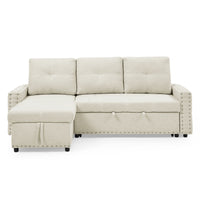 Sectional Sofa with Pulled Out Bed, 2 Seats Sofa and Reversible Chaise with Storage, Both Hands with Copper Nail, Beige, (85" x 56.5" x 35")