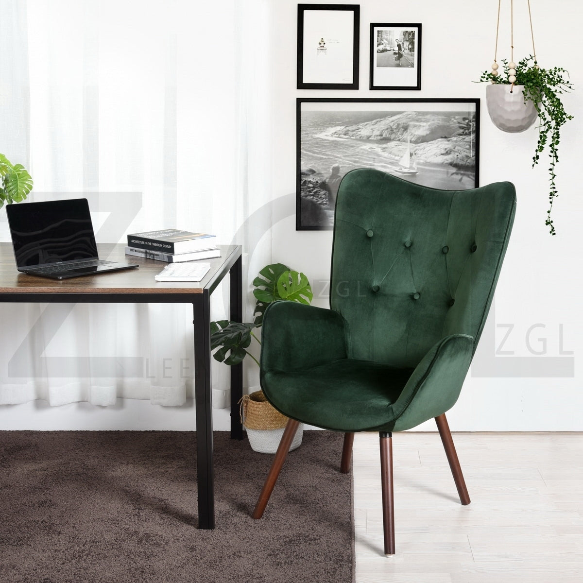 Modern Wingback Accent Armchair Living Room Tufted Velvet Upholstery, Dark Green