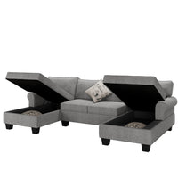 Family-Friendly 3pc U Shaped Sectional with 2 Storage Chaises, Rolled Arm with 3 Throw Pillows, Chenille, Grey