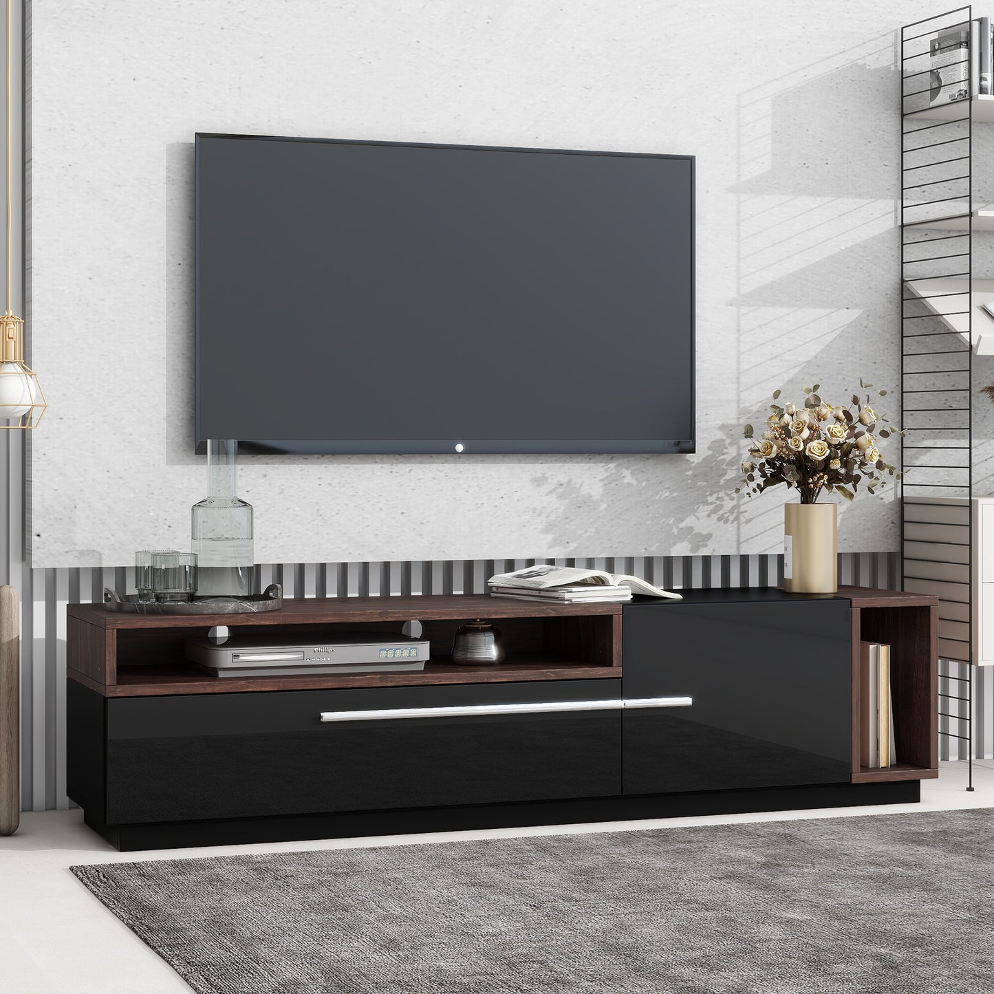 ON-TREND Two-tone Design TV Stand with Silver Handles, UV High-Gloss Media Console for TVs Up to 70", Chic style TV Cabinet with Spacious Storage Space for Living Room, Black