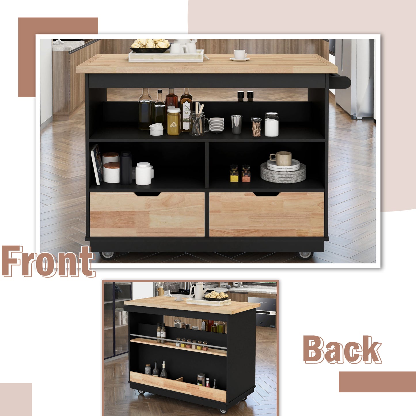 Kitchen Cart Rolling Mobile Kitchen Island Solid Wood Top, Kitchen Cart With 2 Drawers, Tableware Cabinet (Black)