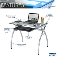 Techni Mobili Contempo Clear Glass Top Computer Desk with Pull Out Keyboard Panel, Clear