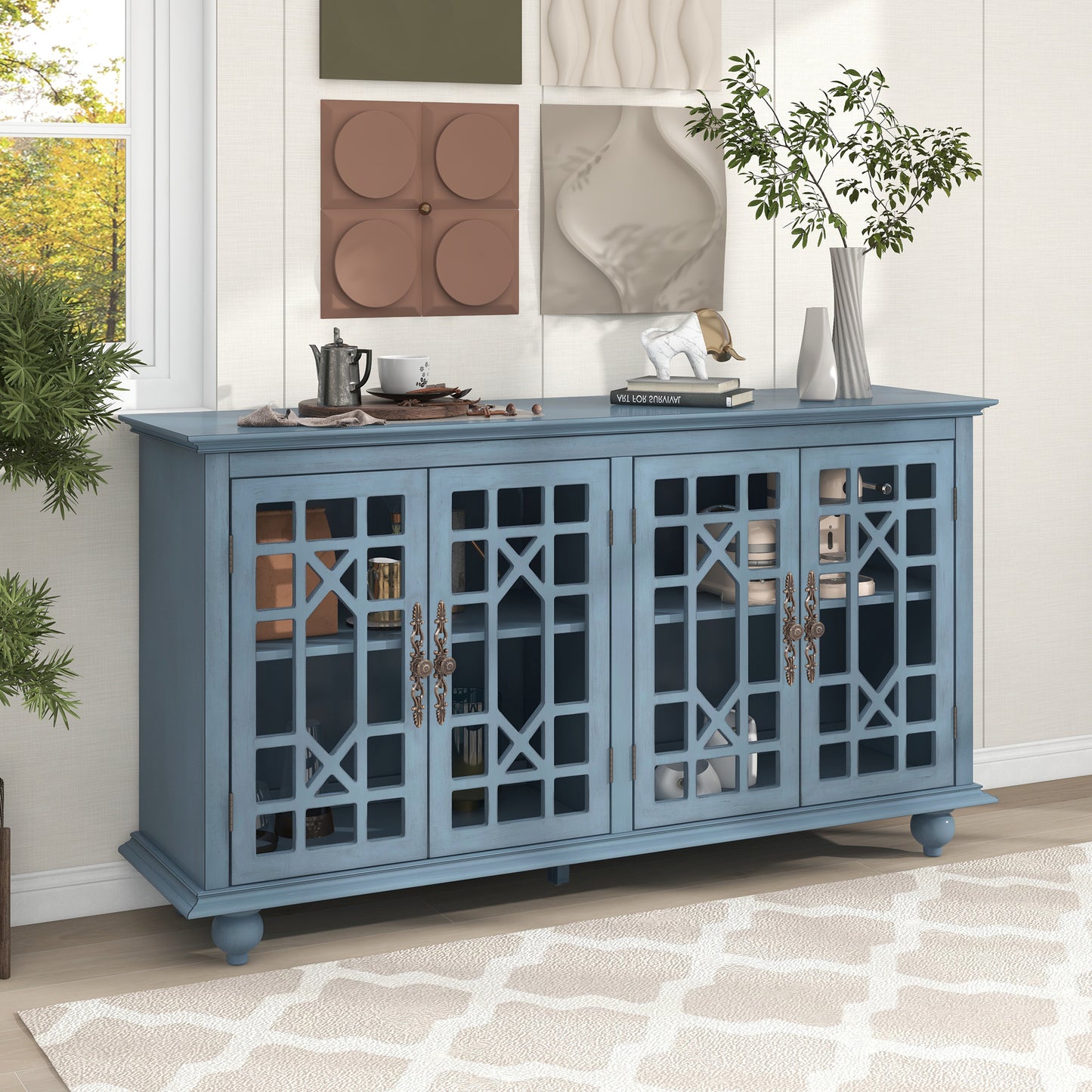 Sideboard with Adjustable Height Shelves, Metal Handles, and 4 Doors for Living Room, Bedroom, and Hallway (Teal Blue)