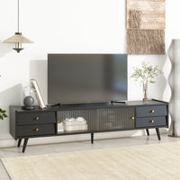 ON-TREND Contemporary TV Stand with Sliding Fluted Glass Doors, Slanted Drawers Media Console for TVs Up to 70", Chic Elegant TV Cabinet with Golden Metal Handles , Black