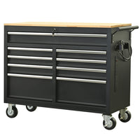 Premium 46-Inch Rolling Tool Chest with Wooden Top and 9 Drawers - 1500 lbs Load Capacity, Casters, Handle, Power Strip, Locking System - Perfect Mobile Storage Cabinet for Your Tools and Equipment.