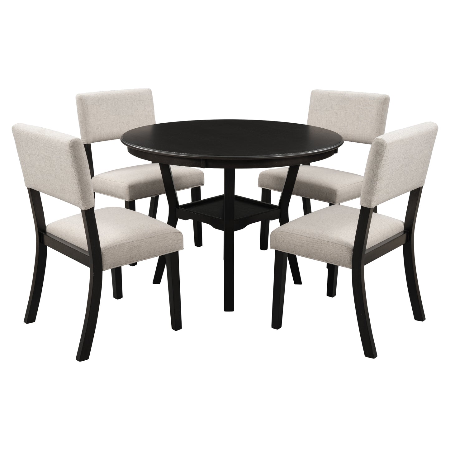 5-Piece Kitchen Dining Table Set Round Table with Bottom Shelf, 4 Upholstered Chairs for Dining Room (Espresso）