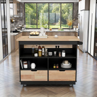 Kitchen Cart Rolling Mobile Kitchen Island Solid Wood Top, Kitchen Cart With 2 Drawers, Tableware Cabinet (Black)