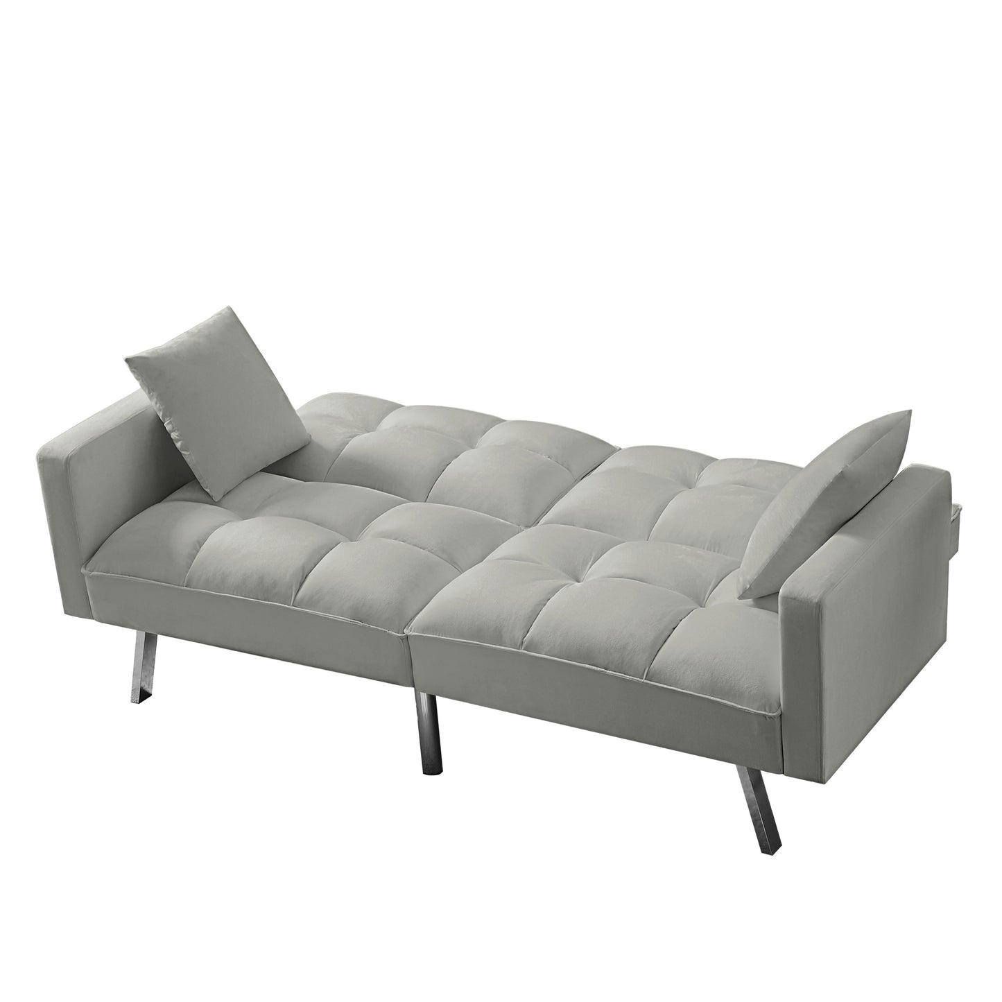 Futon Sofa Sleeper Grey Velvet with 2 Pillows