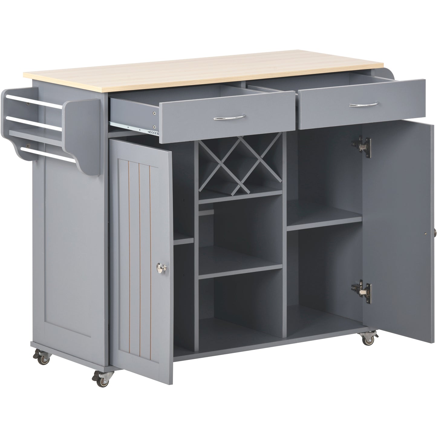 K&K Store Kitchen Island Cart with Two Storage Cabinets and Four Locking Wheels, Wine Rack, Two Drawers, Spice Rack, Towel Rack (Grey Blue)