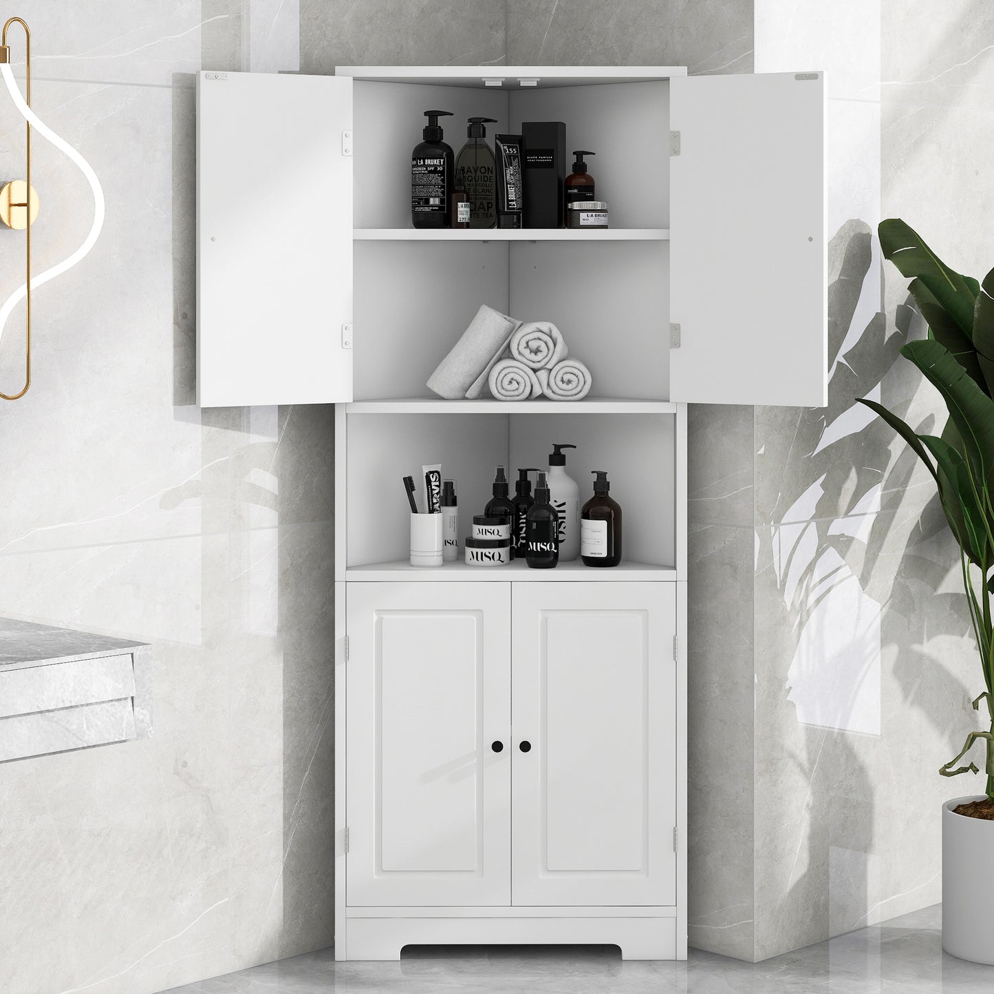 Tall Bathroom Storage Cabinet, Corner Cabinet with Doors and Adjustable Shelf, MDF Board with Painted Finish, White