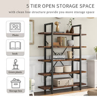 5-tier Industrial Bookcase with Rustic Wood and Metal Frame, Large Open Bookshelf for Living Room (Distressed Brown)