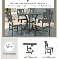 5-Piece Round Dining Table and Chair Set with Special-shaped Legs and an Exquisitely Designed Hollow Chair Back for Dining Room (Gray)