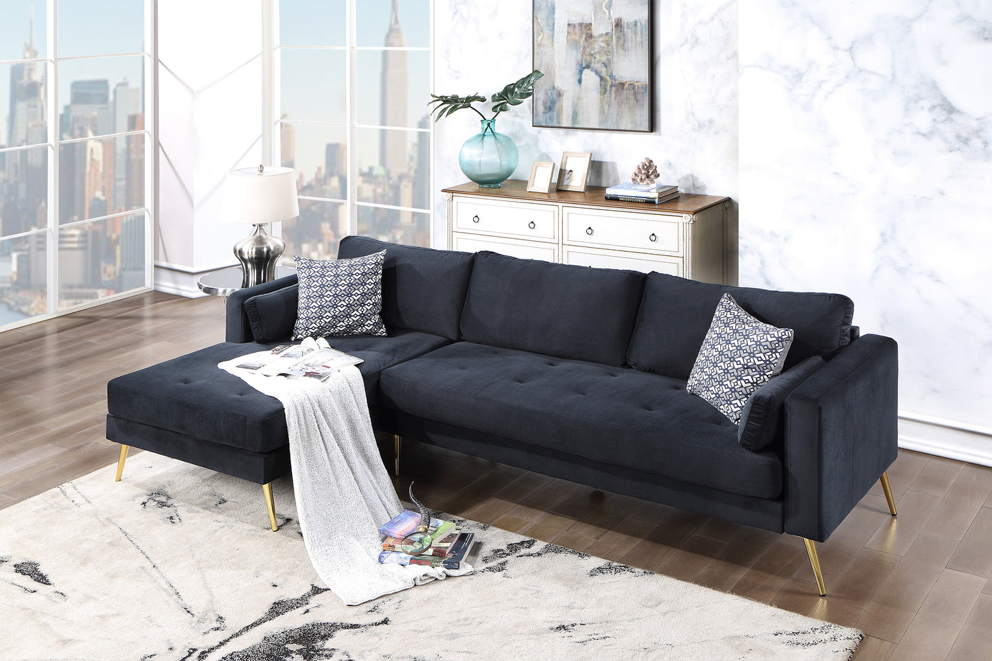 Sectional Sofa with Two Pillows, L-Shape Upholstered Couch with Modern Elegant Velvet for Living Room Apartment