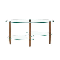 Transparent Oval Glass Coffee Table, Modern Table in Living Room Oak Wood Leg Tea Table 3-Layer Glass Table