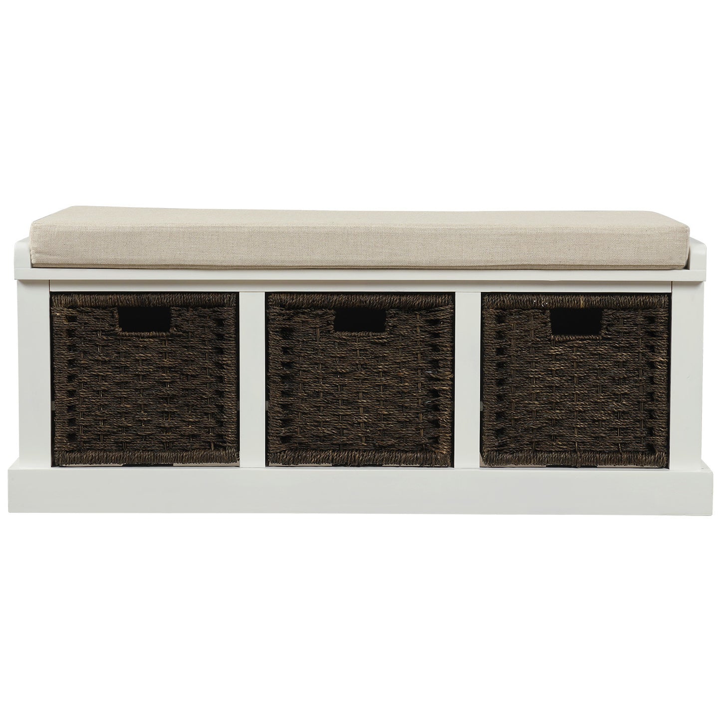 Rustic Storage Bench with 3 Removable Classic Rattan Basket, Entryway Bench Storage Bench with Removable Cushion (White)